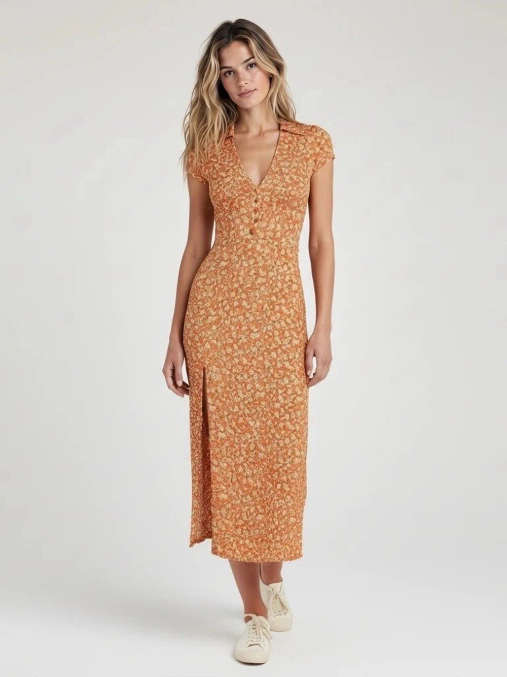 NWT Urban Outfitters Chantelle Collared Midi Dress Orange Floral XS Extra Small